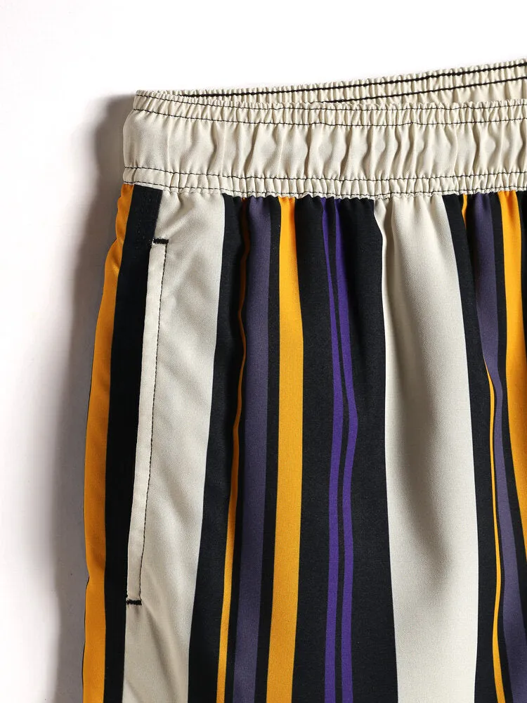 Men's Multi-Color Stripe Quick-Dry Drawstring Beach Shorts
