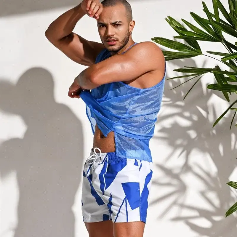 Men's Printed Beach Shorts Blue Block Board Shorts with Mesh Lining