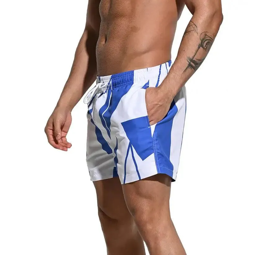 Men's Printed Beach Shorts Blue Block Board Shorts with Mesh Lining