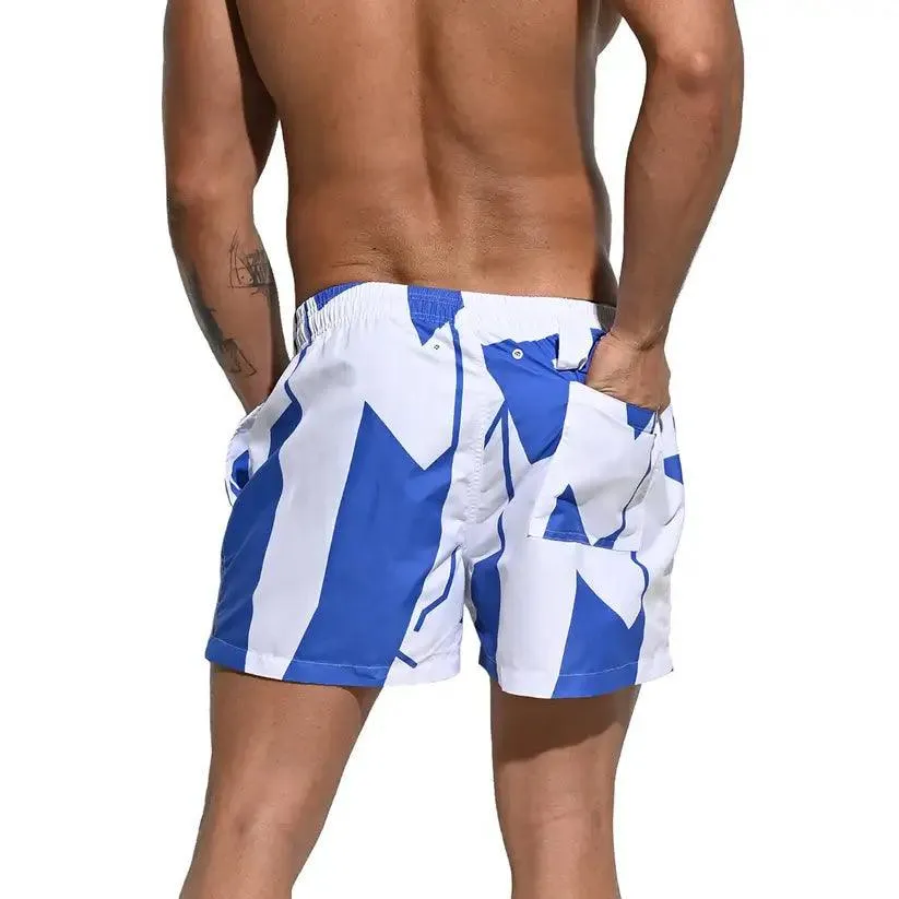 Men's Printed Beach Shorts Blue Block Board Shorts with Mesh Lining