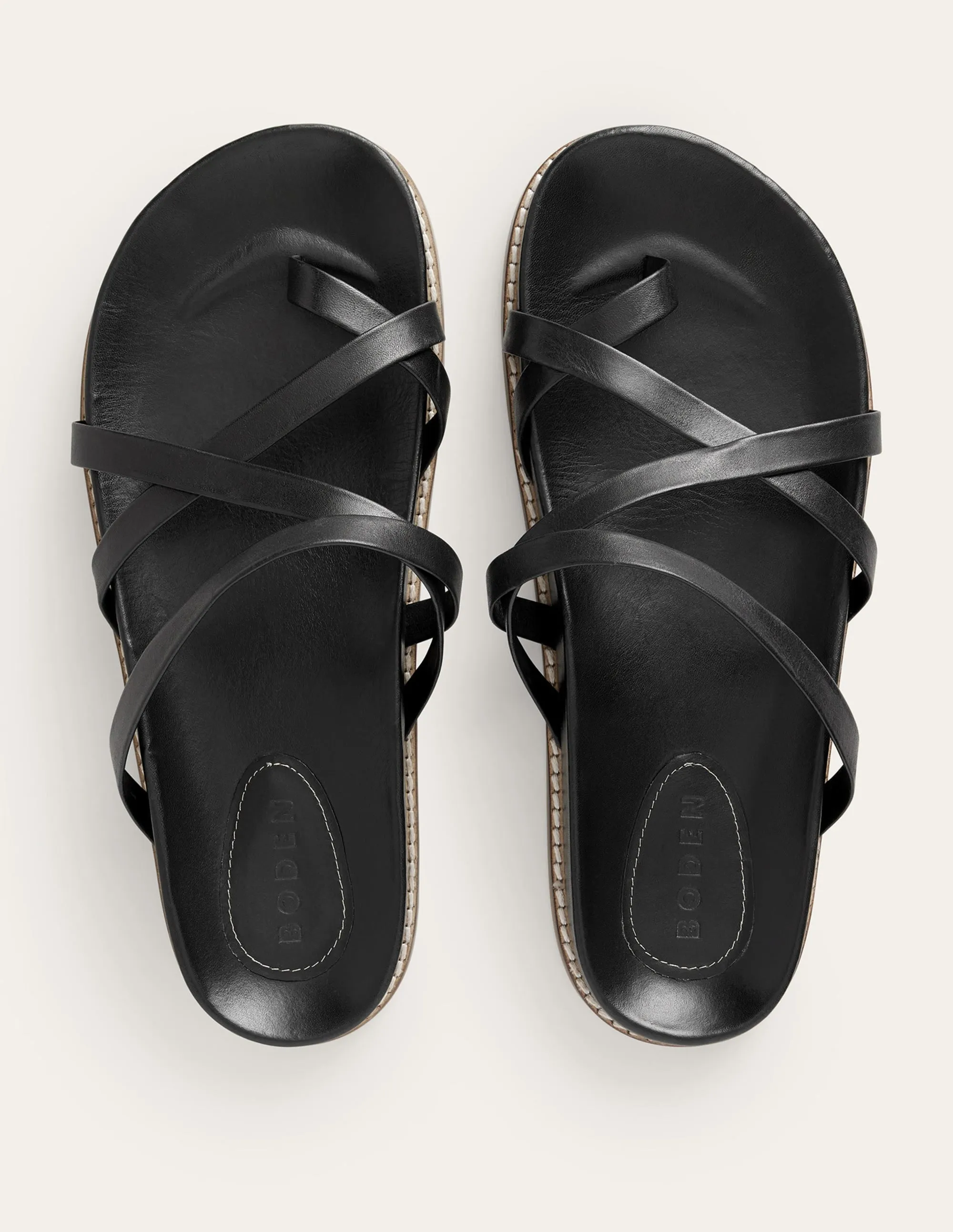 Multi Strap Flat Sandals-Black Leather