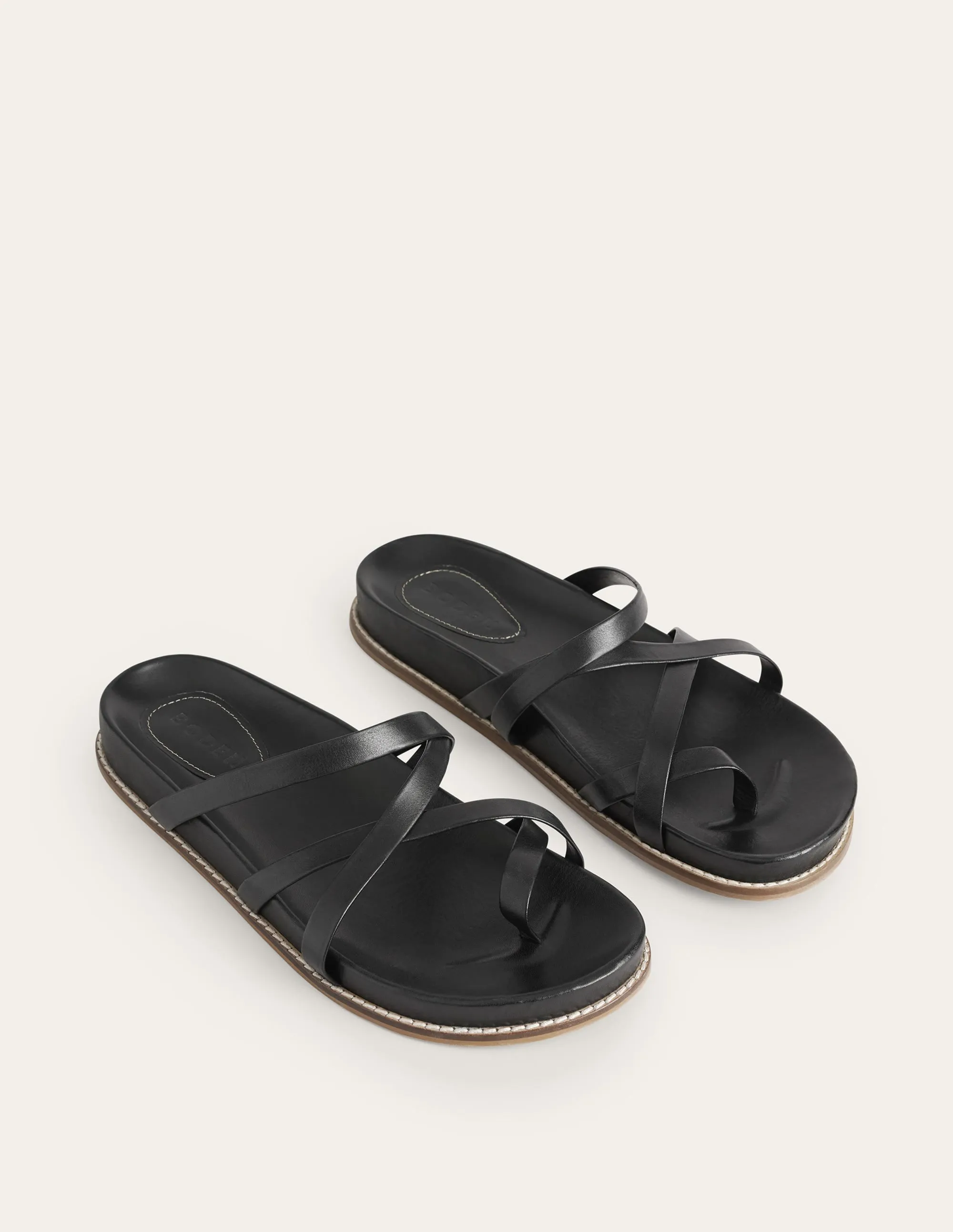 Multi Strap Flat Sandals-Black Leather