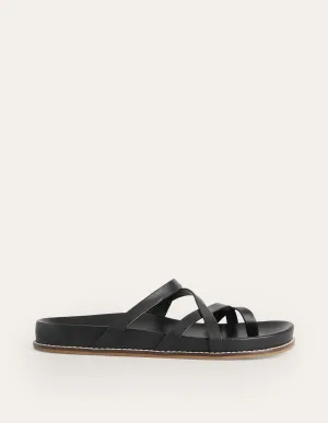 Multi Strap Flat Sandals-Black Leather