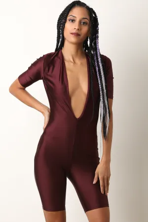 Nylon Tricot V-Neck Biker Shorts Catsuit Romper