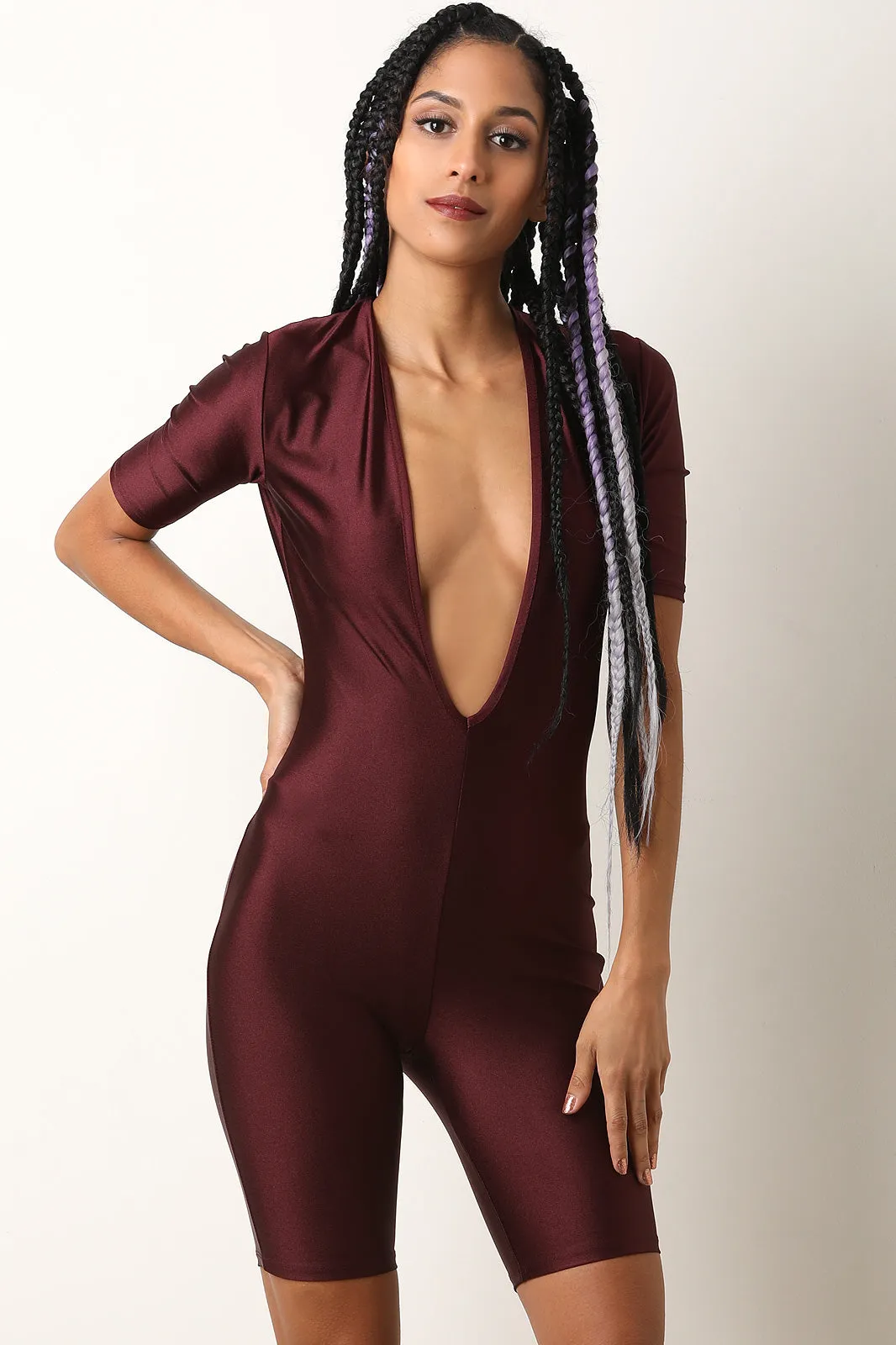 Nylon Tricot V-Neck Biker Shorts Catsuit Romper