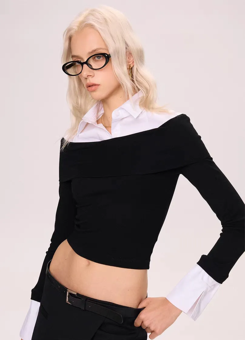 Off-Shoulder Contrast Collar Knit Top