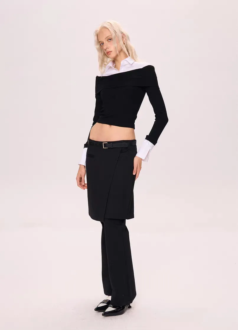 Off-Shoulder Contrast Collar Knit Top
