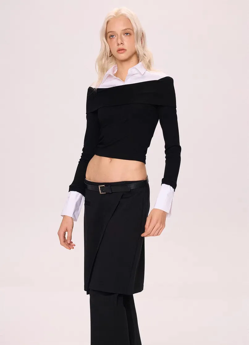 Off-Shoulder Contrast Collar Knit Top