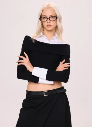 Off-Shoulder Contrast Collar Knit Top