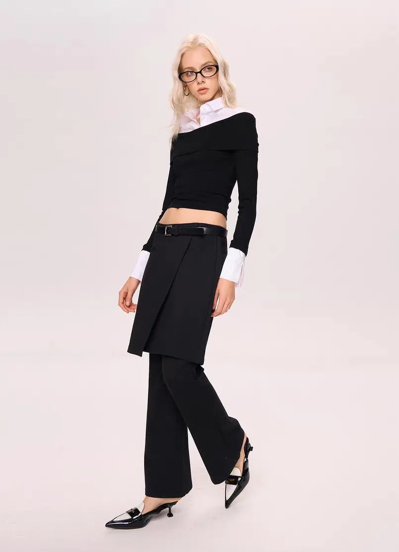 Off-Shoulder Contrast Collar Knit Top