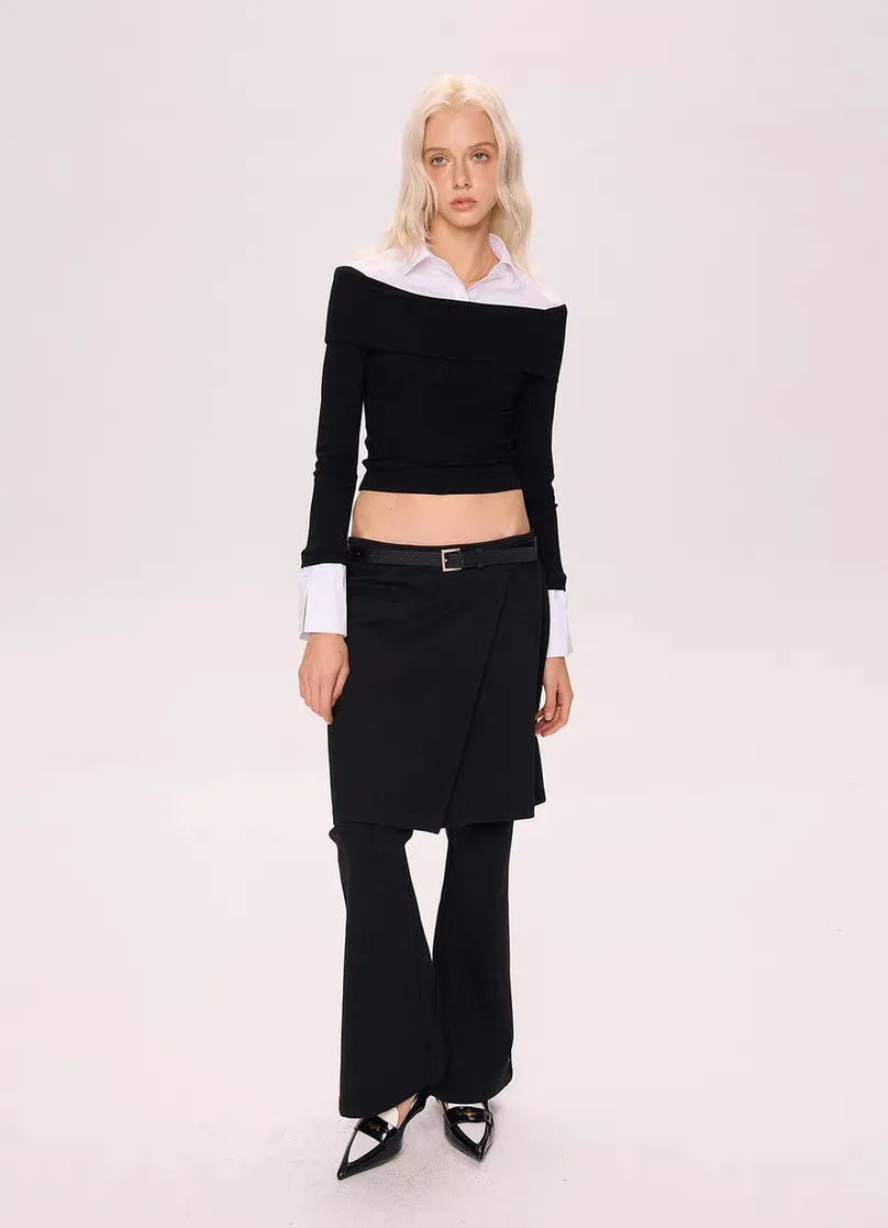 Off-Shoulder Contrast Collar Knit Top