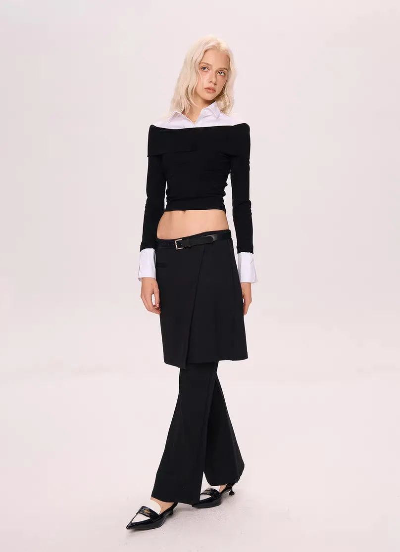 Off-Shoulder Contrast Collar Knit Top
