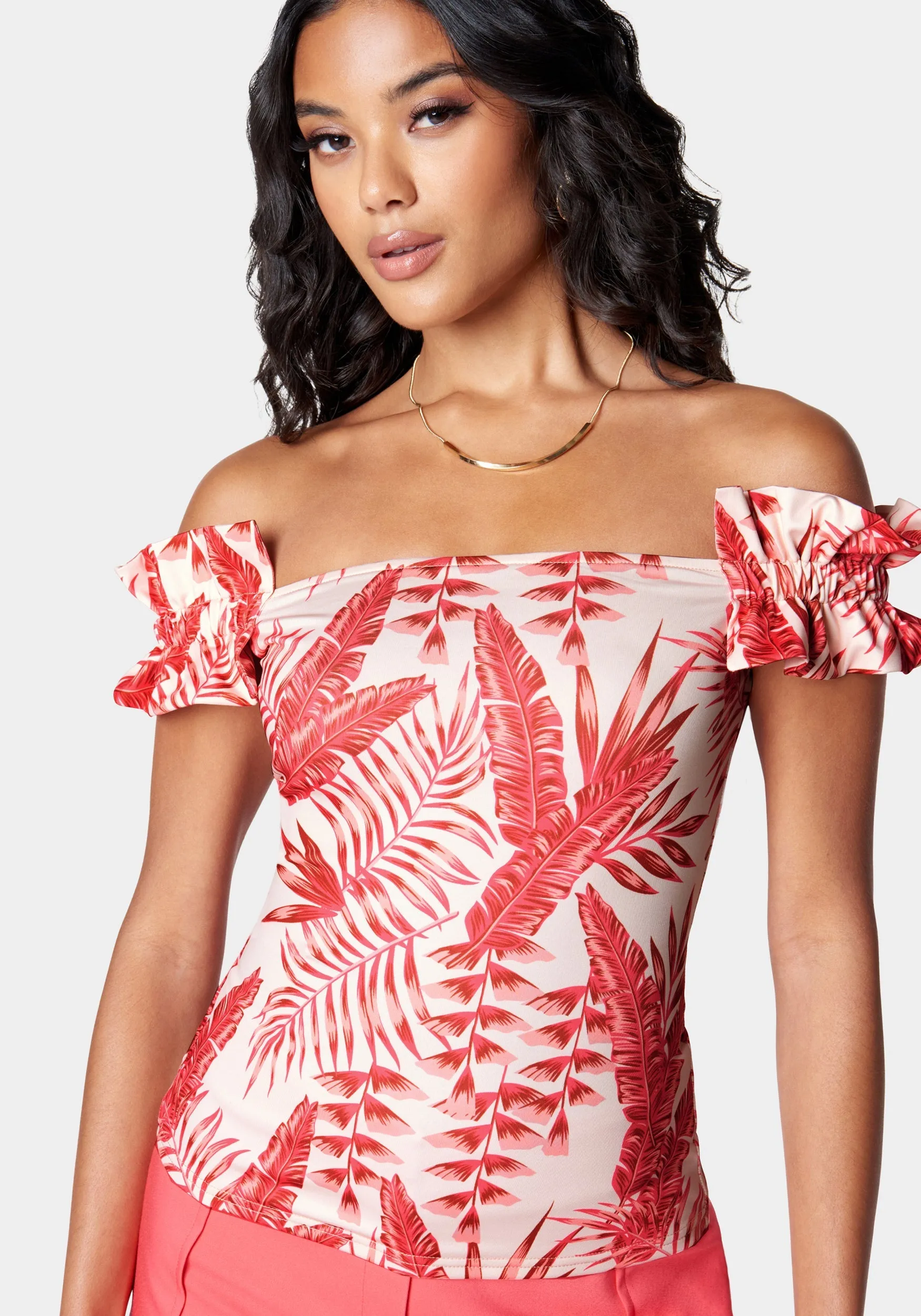 Off Shoulder Ruffle Printed Knit Top