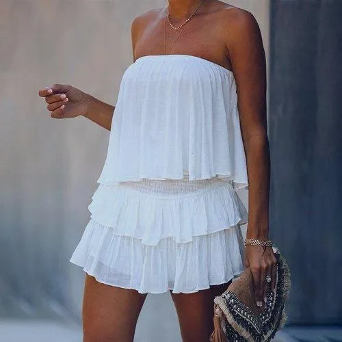 Off Shoulder Solid Sleeveless Layered Ruffle Romper