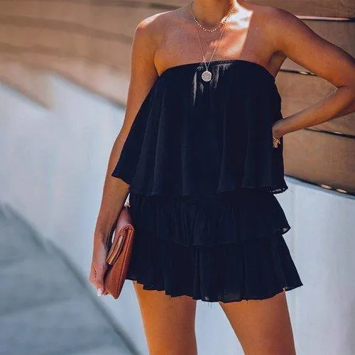 Off Shoulder Solid Sleeveless Layered Ruffle Romper