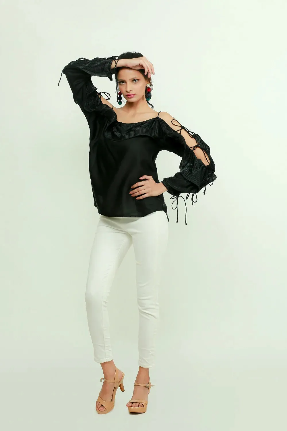 Off shoulder top with pleated frill running across sleeves