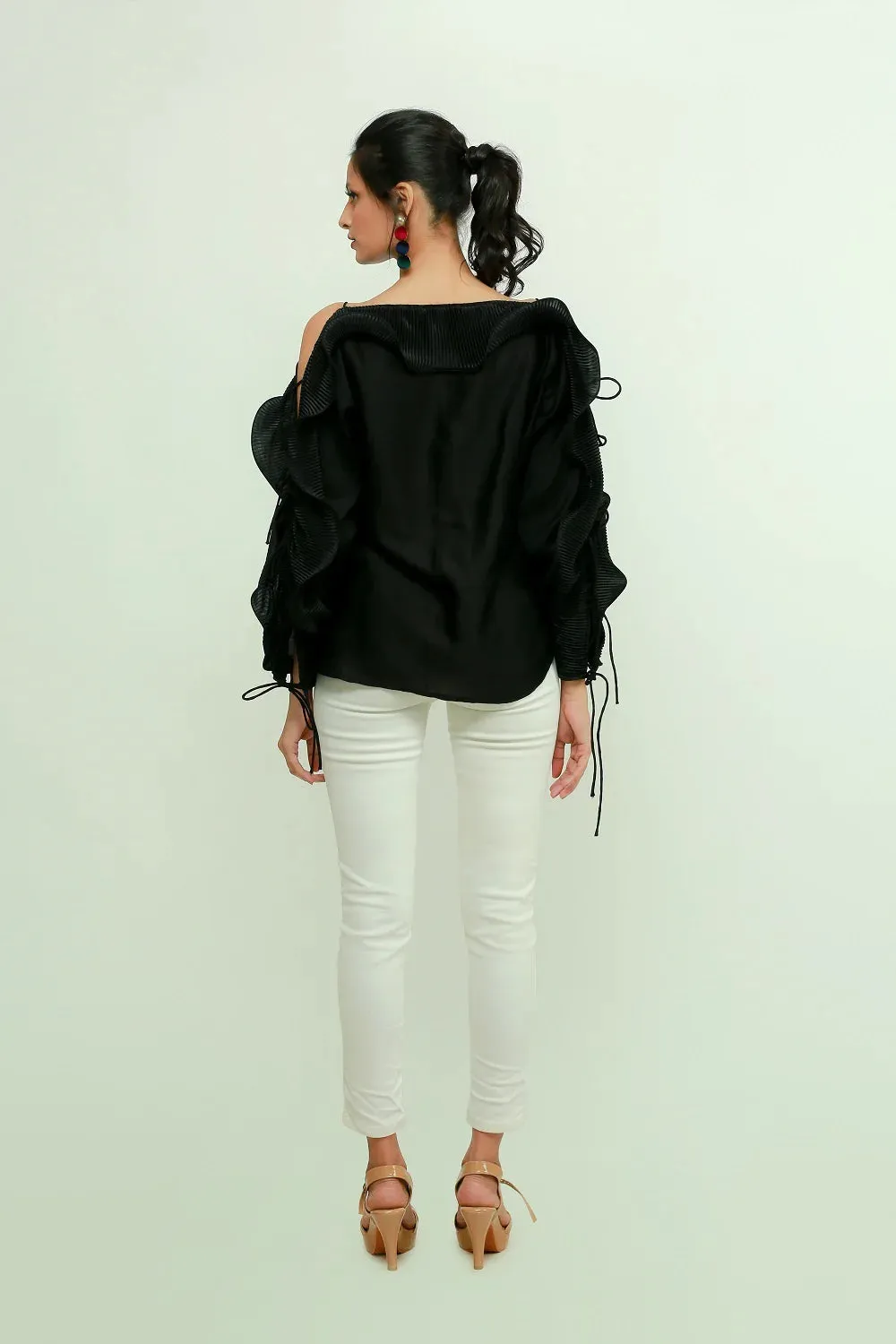 Off shoulder top with pleated frill running across sleeves