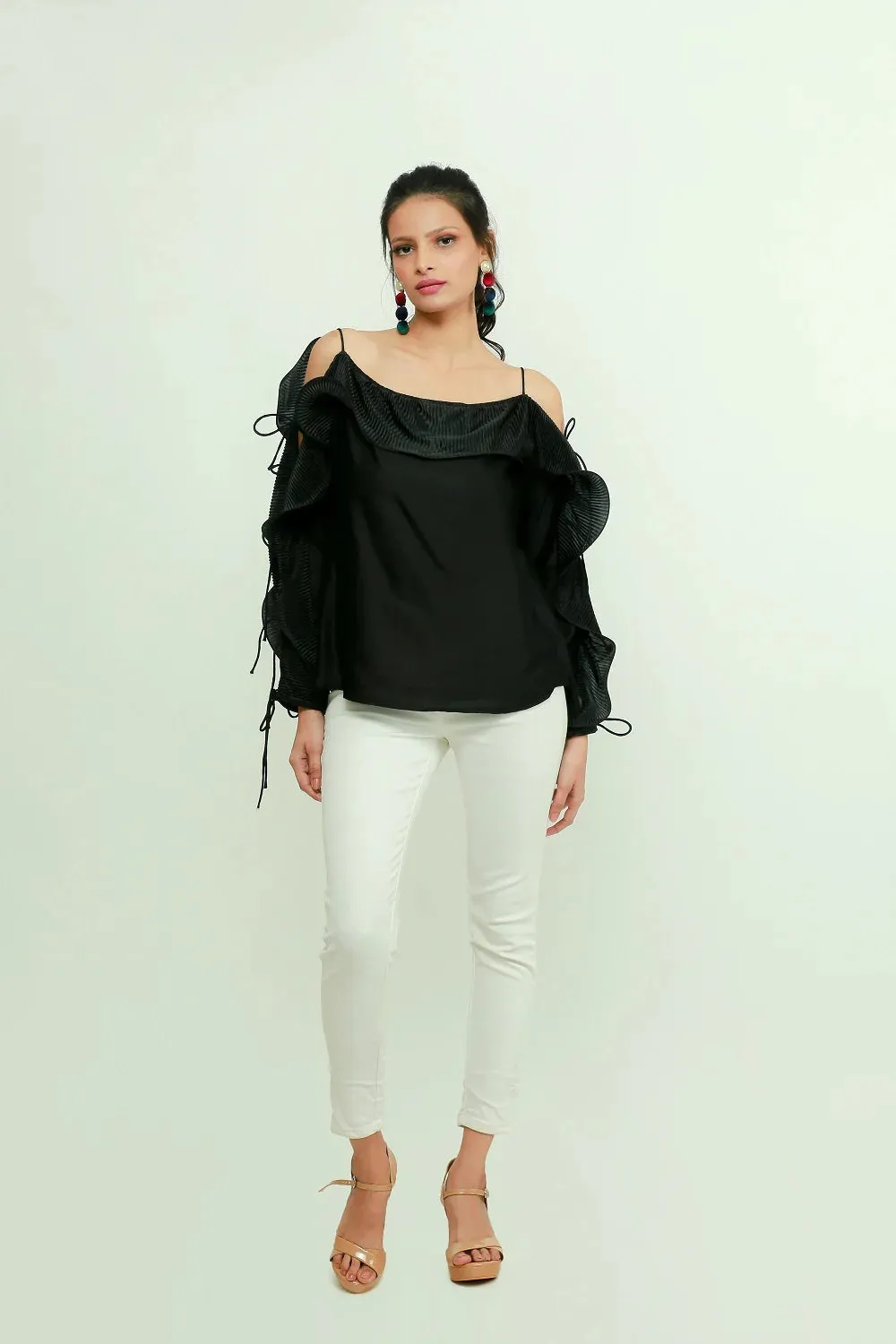 Off shoulder top with pleated frill running across sleeves