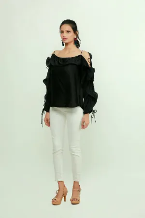 Off shoulder top with pleated frill running across sleeves