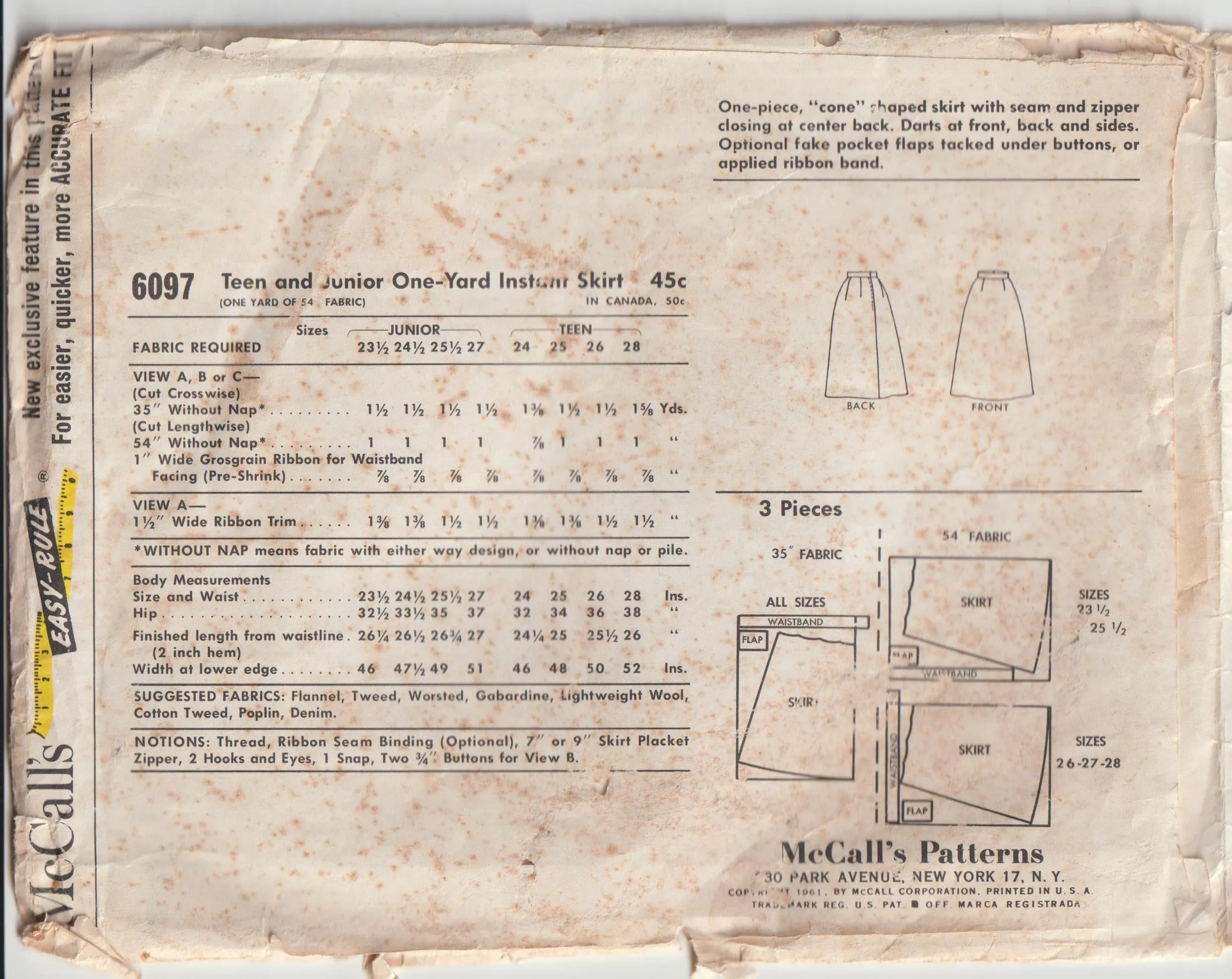 One-Piece Cone Shaped Skirt - Waist 61 cm - Vintage Pattern - McCalls 6097 - 1961