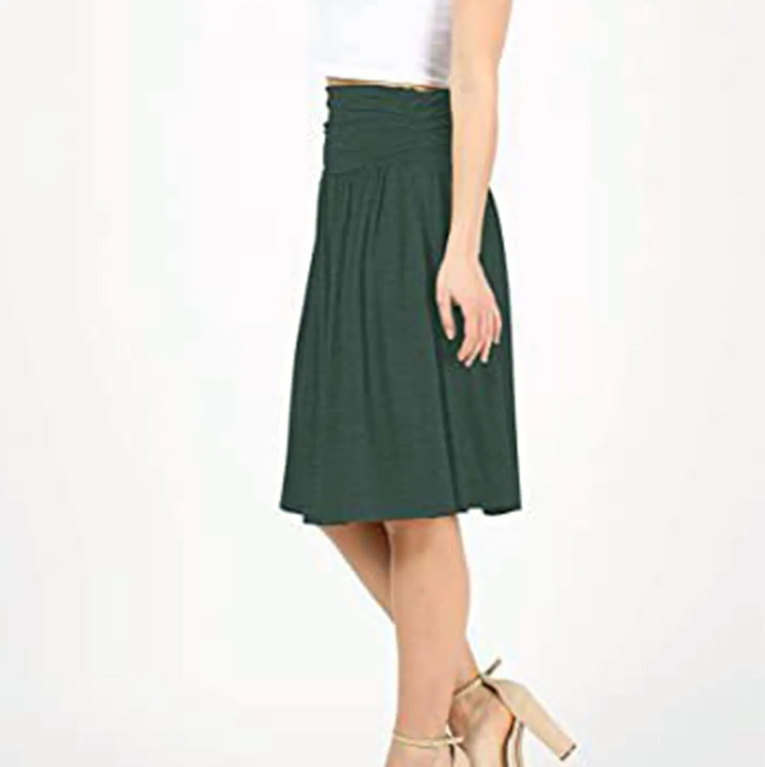 Oplxuo Plus Size Skirts for Women Knee Length Flowy Ruched High Waisted Flowy Midi Skirt