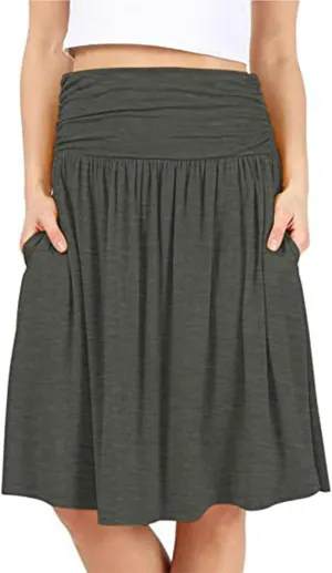 Oplxuo Plus Size Skirts for Women Knee Length Flowy Ruched High Waisted Flowy Midi Skirt