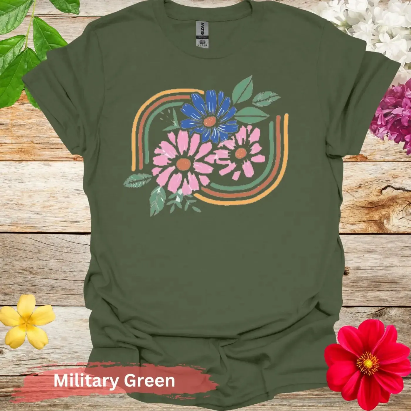 Pink and Blue Flowers Graphic T-Shirt