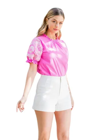 Pink embroidered puff short sleeve top