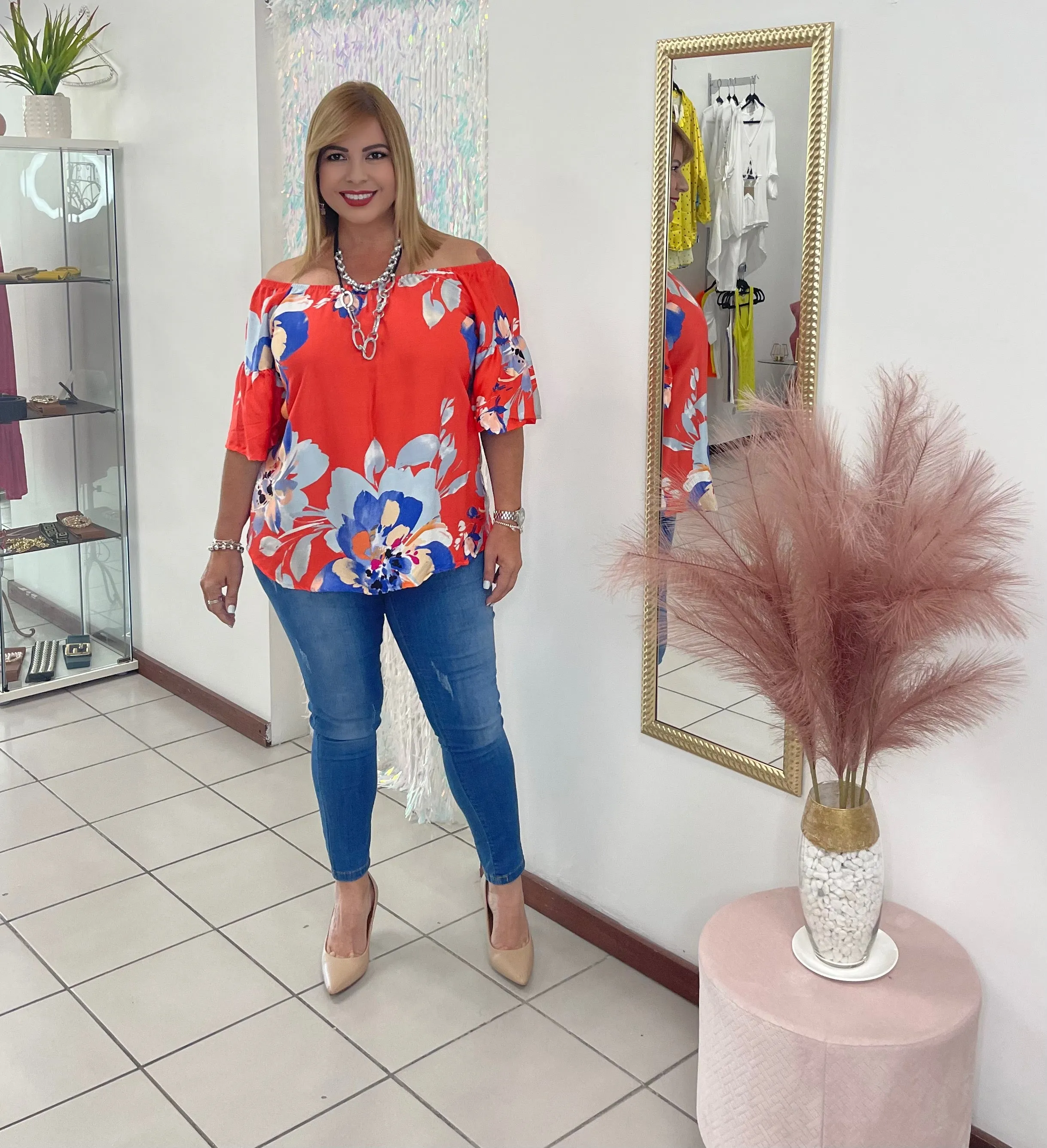 Plus Orange off shoulder flower top