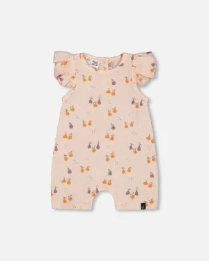 Printed Muslin One Piece Romper Peach With Pears