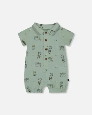 Printed Muslin Romper Sage Monkey