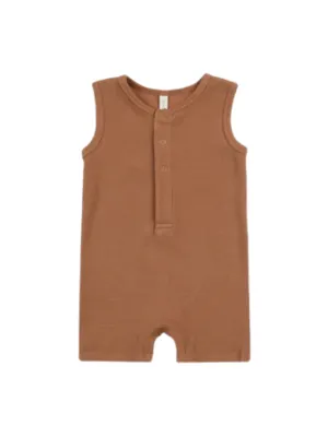 QUINCY MAE RIBBED HENLEY ROMPER IN CLAY