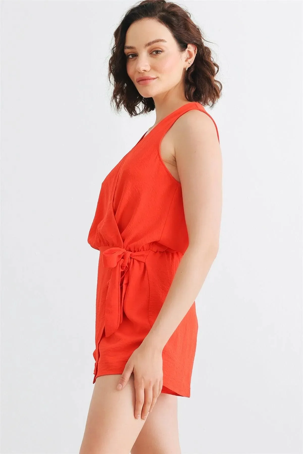 Red Sleeveless Wrap Neck Tie Romper /2-2-2