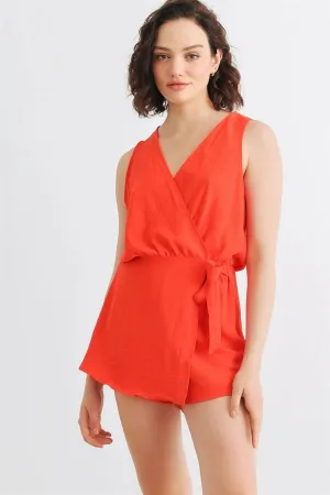 Red Sleeveless Wrap Neck Tie Romper /2-2-2