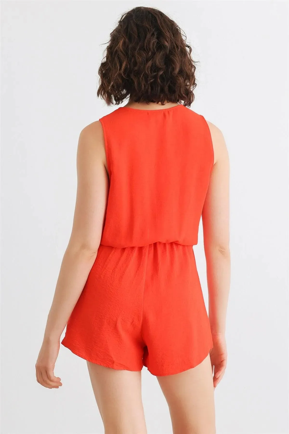 Red Sleeveless Wrap Neck Tie Romper /2-2-2