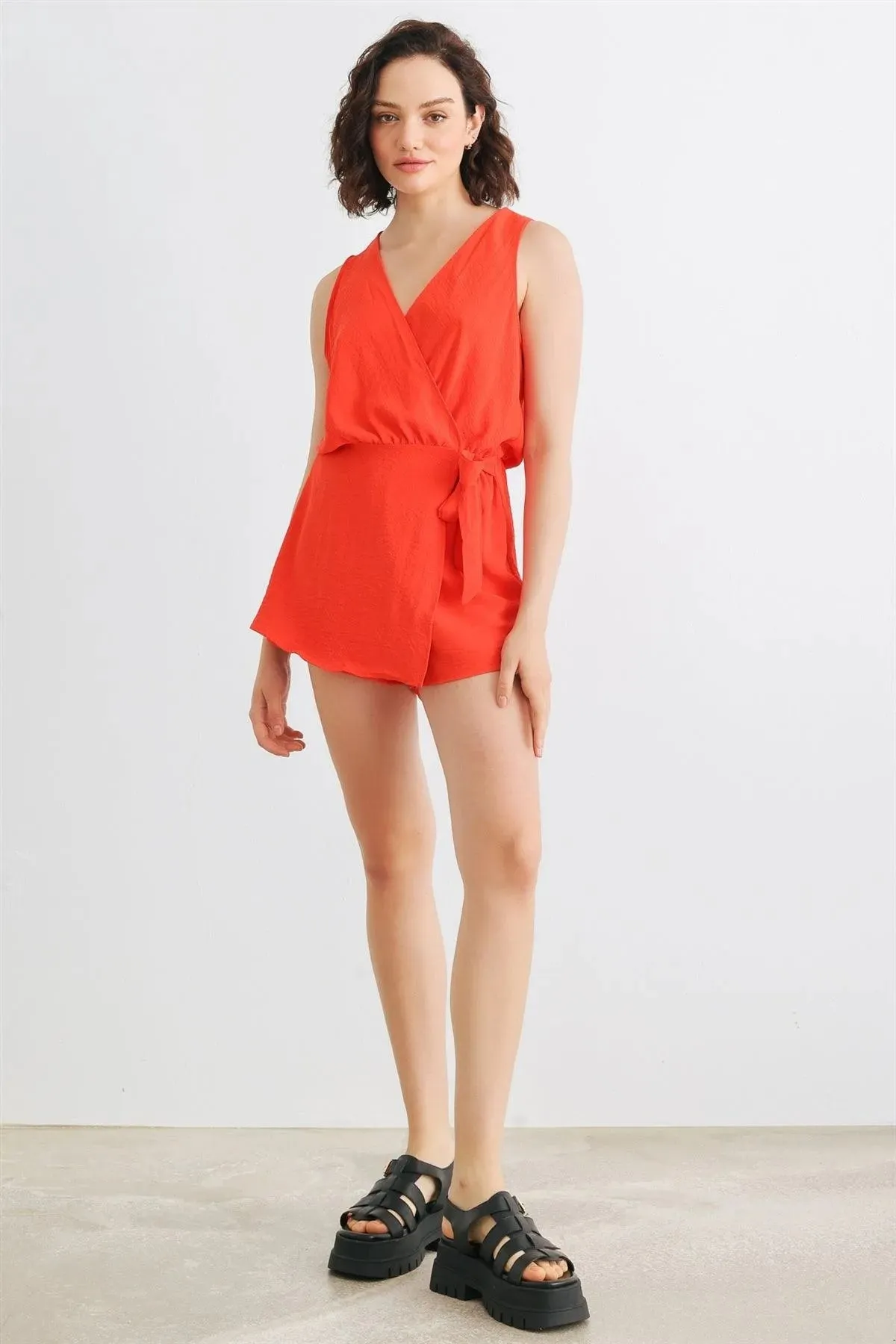 Red Sleeveless Wrap Neck Tie Romper /2-2-2