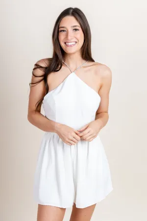 Rhinestone detail babydoll romper off white