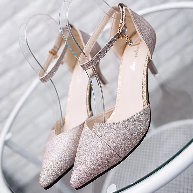 Shinning Pointed Toe Ankle Wrap Stiletto High Heels Party Shoes
