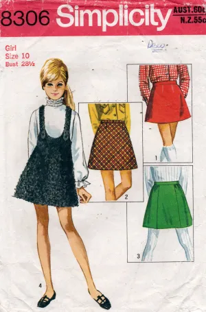 Simplicity 8306 Girls Mini Pinafore Dress & Skirts 1960s Vintage Sewing Pattern Size 10