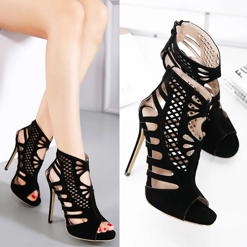Suede Stiletto Heel Peep-toe Cut Out Zipper High Heels Sandals