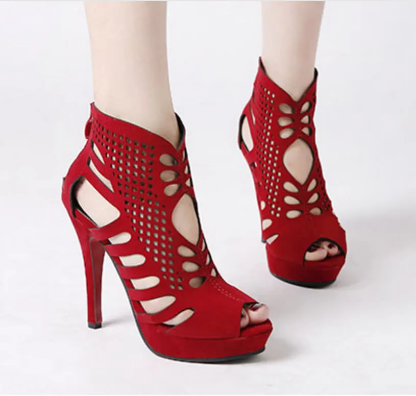 Suede Stiletto Heel Peep-toe Cut Out Zipper High Heels Sandals
