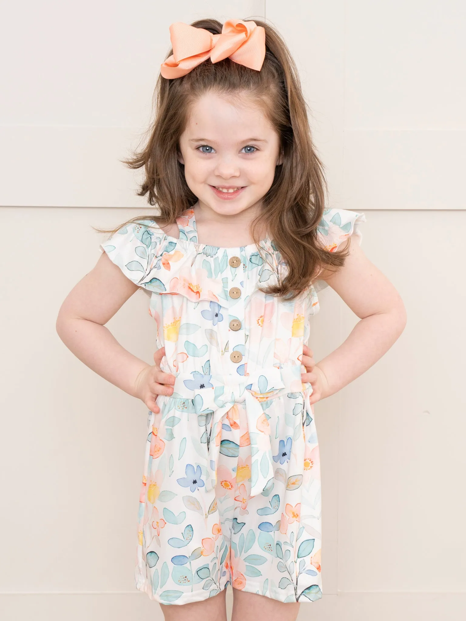 Teal & Peach Watercolor Garden Ruffle Romper
