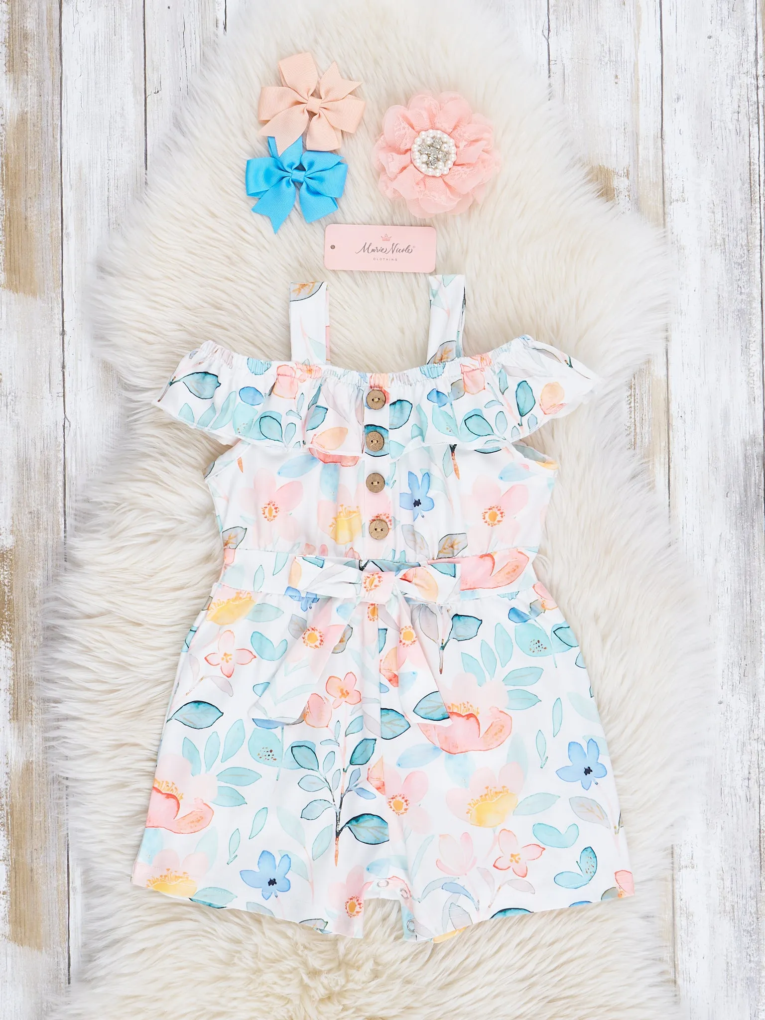 Teal & Peach Watercolor Garden Ruffle Romper