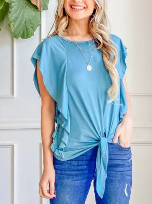 Tie Knot Front Ruffle Shoulder Detailed Top