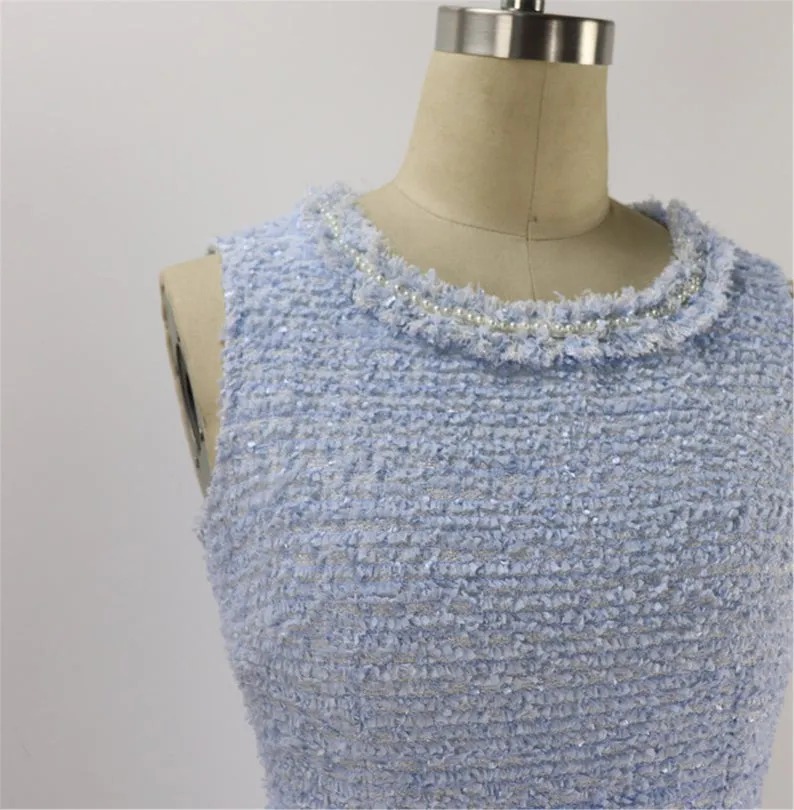 Tweed Sheath Dress Light Blue For Womens Custom Made