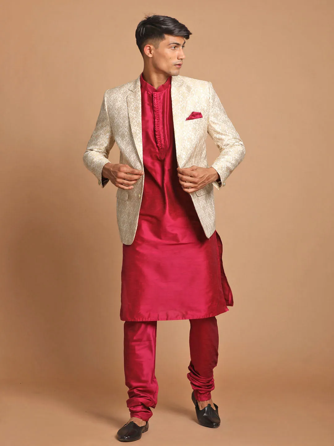 VASTRAMAY Men's Fuchsia & Gold Solid Kurta with Churidar & Woven Blazer