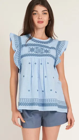 Venice Embroidered Ruffle Sleeve Top