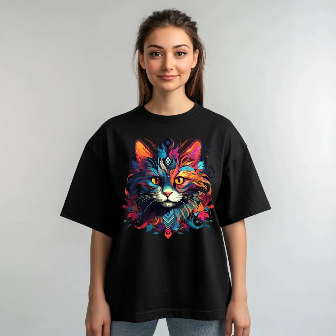 Vibrant Cat Art Women's Oversized Cotton T-Shirt
