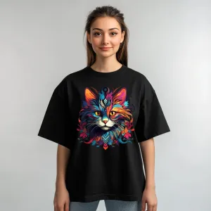 Vibrant Cat Art Women's Oversized Cotton T-Shirt