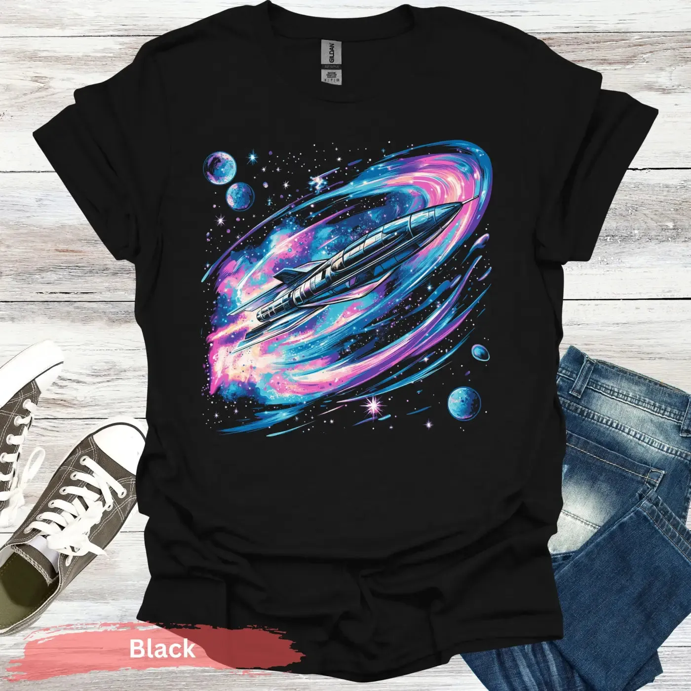 Vibrant Space Rocket and Planets T-shirt